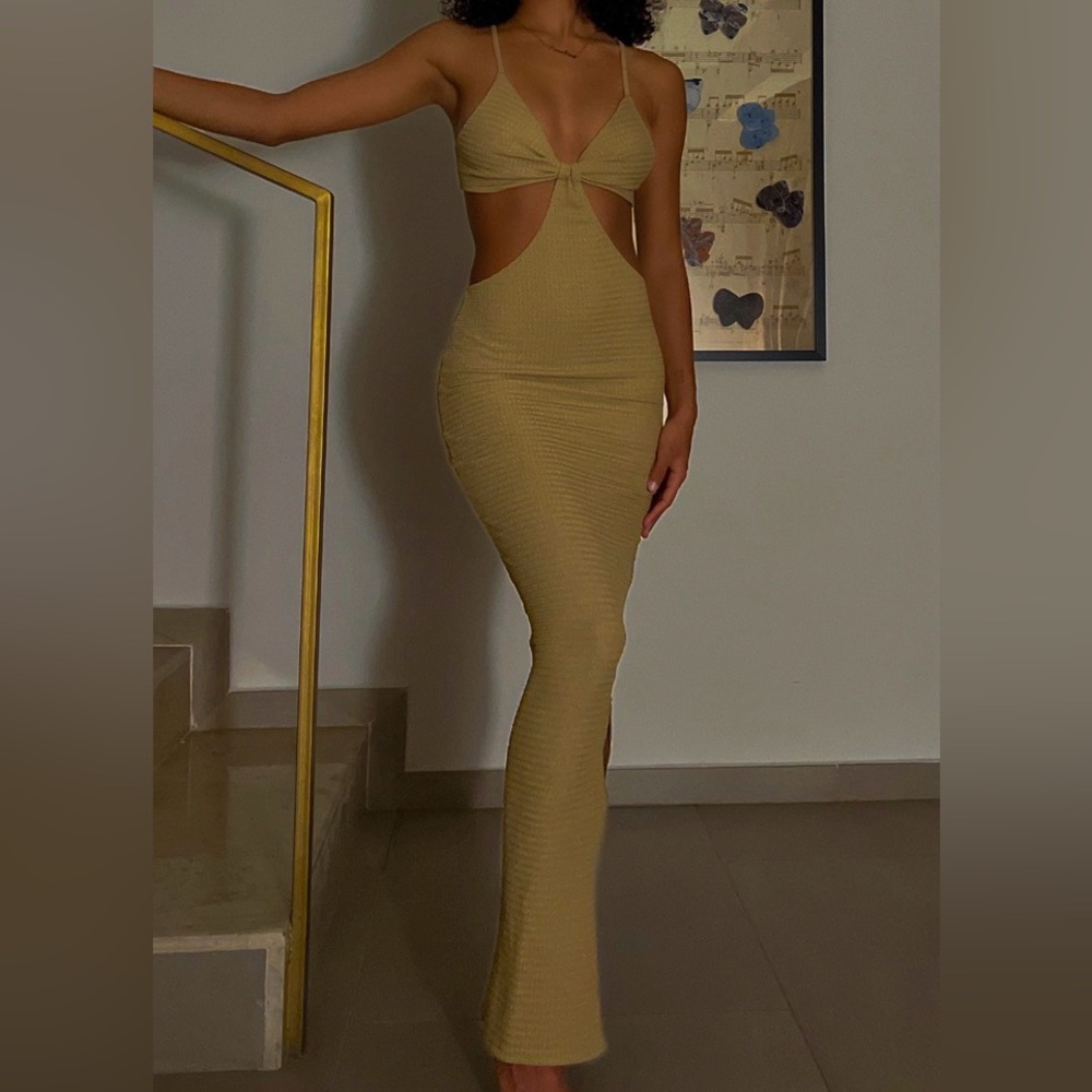 Elegant Tan Cut-Out Maxi Dress